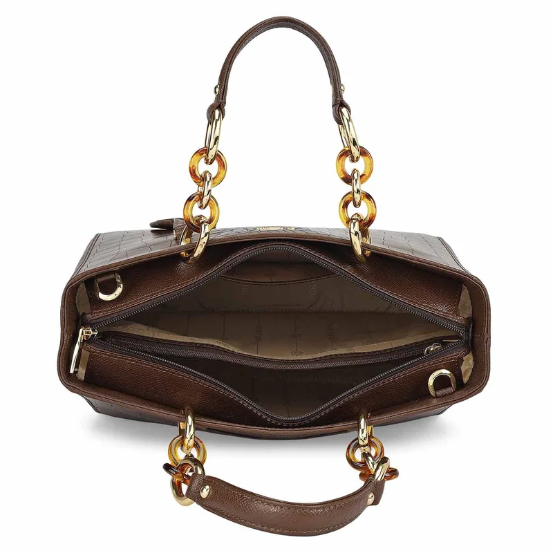 Da Milano Walnut Medium Croco Leather Satchel - Walnut for Women | Best Price UAE